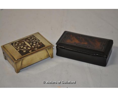 *Erhard &amp; Sohne Secessionist stamp box, brass with mahogany inlay; and black horn snuff box (2) (Lot subject to VAT)