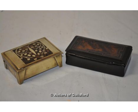 *Erhard &amp; Sohne Secessionist stamp box, brass with mahogany inlay; and black horn snuff box (2) (Lot subject to VAT)