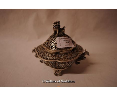 A Chinese white metal censor with dog of foe finial and phoenix handles, 11.5cm.