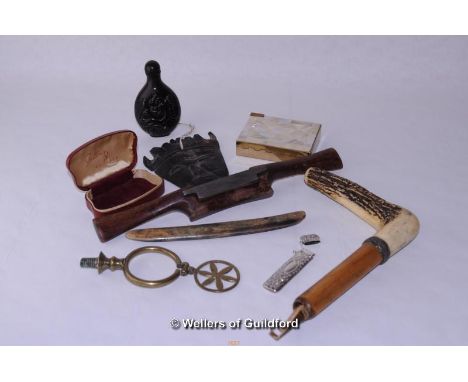 *Collection of objects d'art including  Victorian red leather kidney shaped jewellery box, compact, Chinese snuff bottle, etc