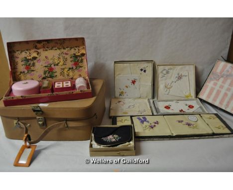 1960's vanity case, umbrella print shirt, Richard Shop little black dress, boxed sets of hankies and towels, Elizabeth Arden 