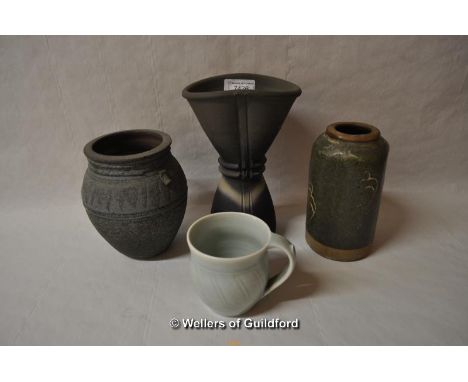 John Leach waisted vase, raku fired with flaring oval rim, impressed JL, Mulcheny and 1991 seals, 21.5cm; together with Pontf