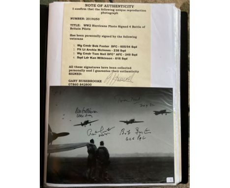 WW2 BOB fighter pilots Bob Foster 605 sqn, Archie McInnes 238 sqn, Tom Neil 249 sqn, Ken Wilkinson 616 sqn signed 8 x 6 inch 