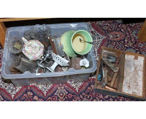 A box of miscellaneous ceramics and glass to include Wedgwood vase, Chintz tea pot and a small box of tools.