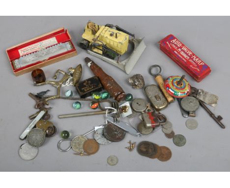 A box of collectables including pocket knives, marbles, two harmonica and snuff bottles etc.