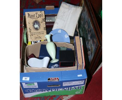 A box of miscellaneous ceramics to include old Roberts radio, Carlton ware, Poole, legal documents, books and tools etc.