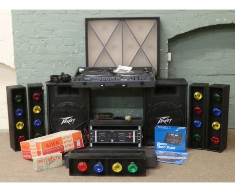 A large collection of disc jockey hi fi equipment to include cloud twin deck disco master 500, pair of Peavey ES15 speakers, 