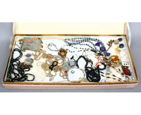 A large vintage chocolate box containing assorted costume jewellery including pinchbeck and citrine knot brooch, Rotary watch