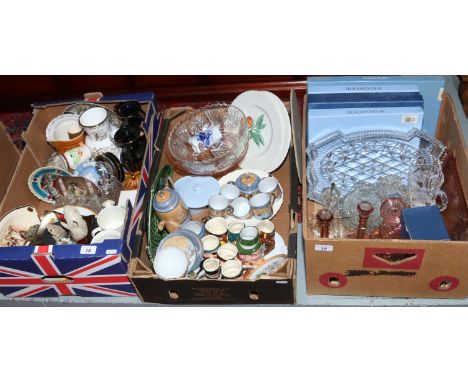 Three boxes of miscellaneous glass, pottery and china including Sylvac, Wedgwood, Sandland ware character jug, Art Deco dress