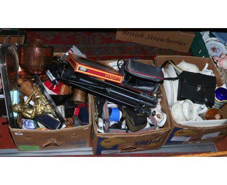 Three boxes of miscellaneous ceramics, glass and metalwares to include Poole, Wedgwood, photographic, binoculars and collecto