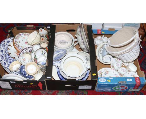 Three boxes of miscellaneous ceramics to include Minton tea and dinnerwares, Royal Worcester and Coalport etc.