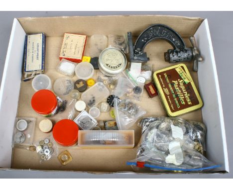 A box of mixed watch makers parts and tools including wristwatch movements etc.