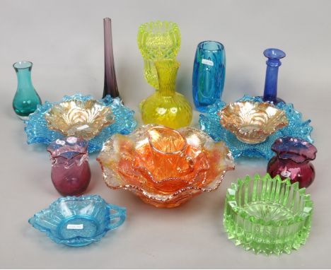 A collection of coloured glass to include carnival, Caithness, ruby glass etc.
