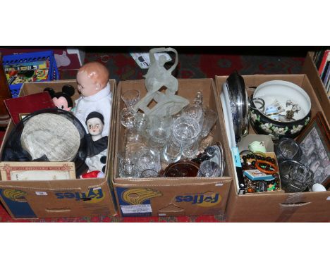 Three boxes of miscellaneous including Carltonware, metalwares, glasswares, vintage dolls, framed prints, ornaments, costume 