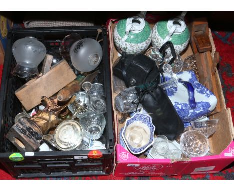 Two boxes of miscellaneous including a pair of Sitzendorf vases, old woodworking tools, vintage cameras and glassware etc.