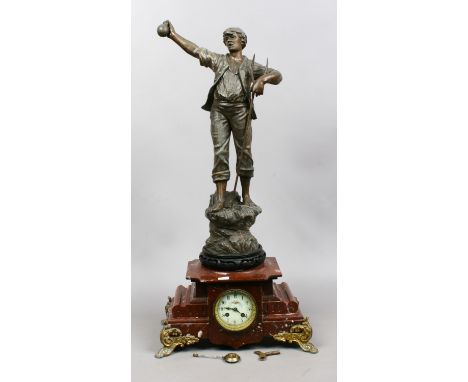 A French marble figural mantel clock with gilt metal mounts, key and pendulum (AF).