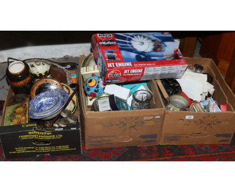 Three boxes of miscellaneous and collectables including vintage storage tins, commemorative wares, lead crystal, blue and whi