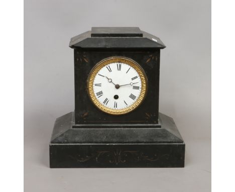 A Victorian slate mantel clock with gilt bezel (AF).