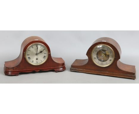 An oak cased eight day Westminster mantel clock with silvered chapter dial and visible movement, along with another oak cased