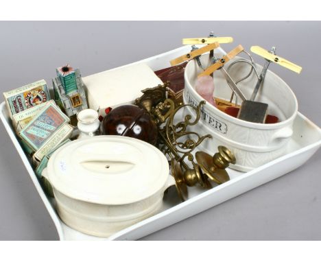 A ceramic tray containing collectables including two pottery butter tubs, vintage players cigarette boxes, brass sconces etc.