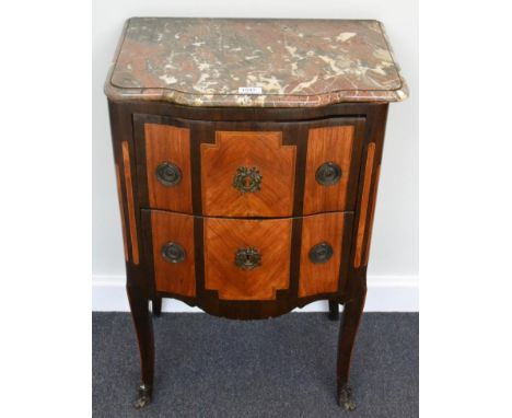 A 19th century French Transitional style two drawer commode, with pink and grey veined marble top, raised on slender cabriole