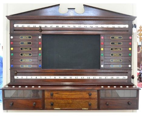 Early 20th century mahogany snooker score board, with architectural pediment, the base with a two as one drawer flanked by tw