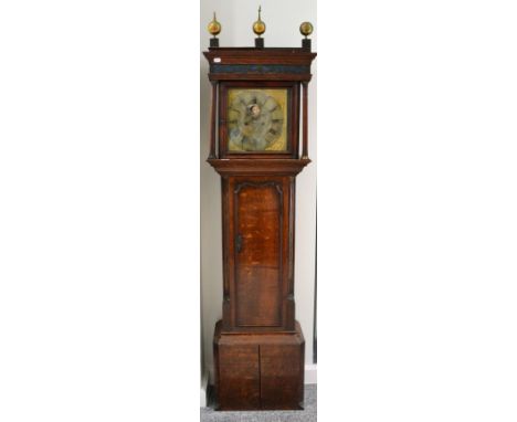 ^ An oak eight day longcase clock, signed Brown, Manchester, circa 1780, flat top pediment, moulded trunk door, 12-1/2-inch b