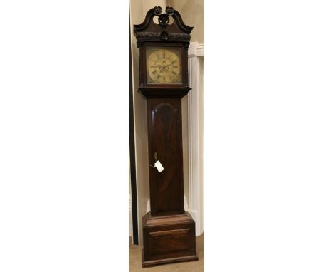 An Irish mahogany eight day longcase clock, signed Samuel Bailie, Dromore, circa 1780, swan neck pediment with carved capital