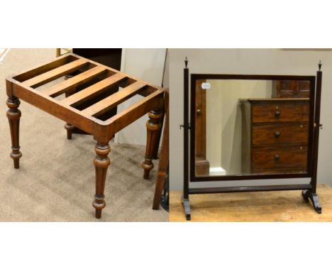 ^ A Victorian mahogany luggage stand, raised on turned and fluted legs, 60cm wide; a 1920/30's walnut pot cupboard, 40cm wide