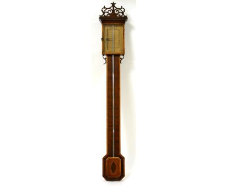 A mahogany inlaid stick barometer, signed Charles Howorth, 19th century, exposed mercury tube with a single vernier paper dia