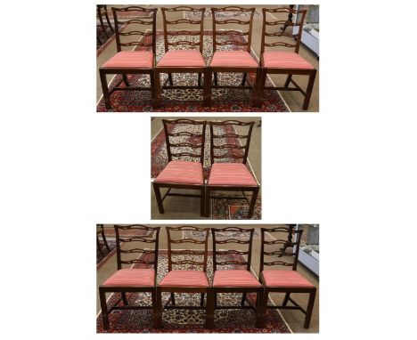 A set of ten George III style mahogany ladder back chairs, labelled from Jas Shoolbred & Co, Tottenham Court Road, London, wi