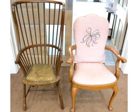 ^ A late 19th century beech spindle back armchair with close nailed seat, 48cm wide; together with a 1920's walnut framed Que