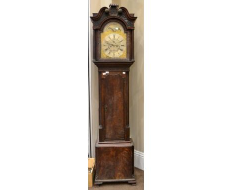 ^ A mahogany eight day longcase clock, circa 1780, swan neck pediment, moulded trunk door flanked by fluted inset pilasters, 