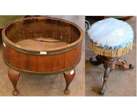^ A 19th century mahogany planter of staved construction, raised on cabriole legs, 55cm wide; together with a Victorian revol