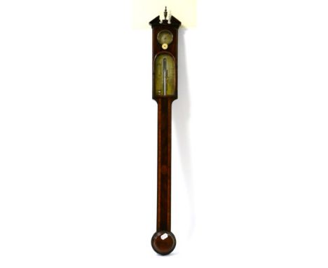 An unusual mahogany stick barometer, signed Bapst Roncheti, Fecit, circa 1800, broken arch pediment, concealed mercury tube w