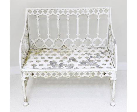 Gothic Revival white painted metal garden bench, 87cm wide 