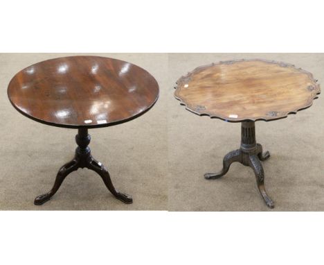 A George III mahogany bird cage platform circular tripod table raised on a varsey form support with three cabriole legs, 66cm