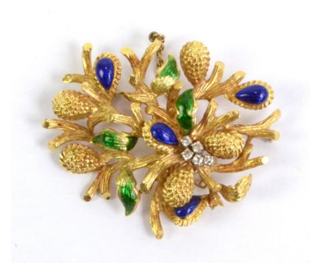 An Italian 18ct yellow gold diamond set and enamel decorated floral spray brooch. CONDITION REPORT: Weight is 17g.