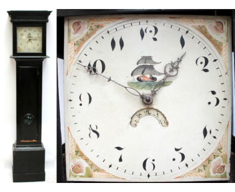 An ebonised longcase clock for restoration, the painted dial set with Arabic numerals and date aperture, height approx 195cm 