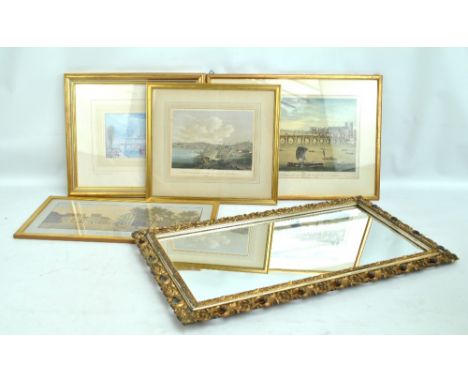 Four prints including 'Looking Down the Seine', circa 1832 after JMW Turner, 14 x 19cm, framed and glazed, and a gilt framed 
