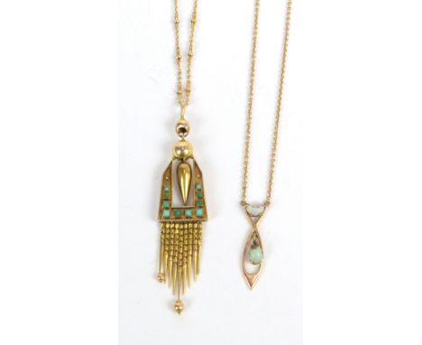 A 15ct yellow gold and opal pendant and chain, length 52cm, and an unmarked yellow metal turquoise set pendant on a probably 