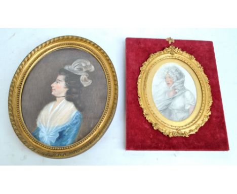 UNATTRIBUTED; watercolour, 19th century oval half-length portrait of a woman in profile, unsigned, inscribed verso 'Mrs Ch Gr
