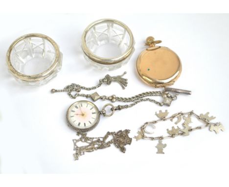 A mixed lot comprising a silver plated full hunter crown wind pocket watch, the circular enamel dial set with Roman numerals 