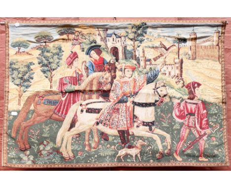 A decorative wall hanging tapestry depicting figures on horseback, approx 68 x 100cm.