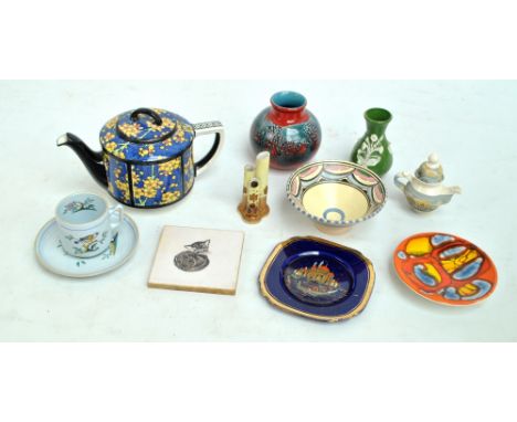 A group of ceramics including a Minton cat decorated tile, 10.4 x 10.4cm, a Royal Doulton D4365 'Prunus' pattern teapot, a Co