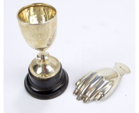 CHARLES PERRY & CO; a George V hallmarked silver miniature trophy cup, Chester 1923, height 6.5cm (excluding stand) and a han