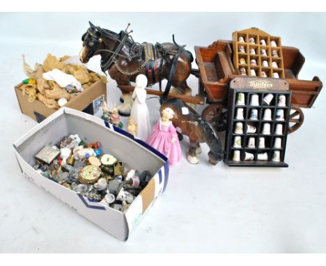 A collection of various ceramic ornaments including thimbles, Royal Worcester 'Grandmother's Dress' and Royal Doulton 'God Bl