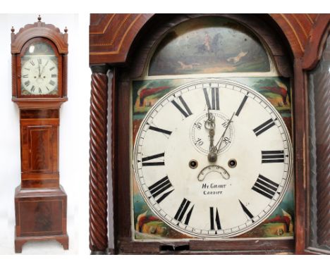 HY GRANT, CARDIFF; a 19th century mahogany eight day longcase clock, the glazed door flanked by barleytwist columns enclosing