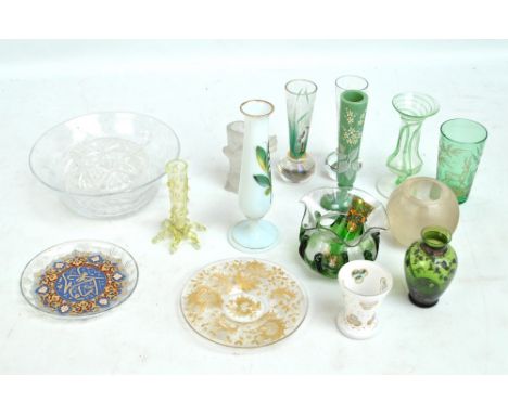 A group of 19th century and later glass with four enamel painted vases, a Whitefriars green trailed vase, an Arabesque motif 