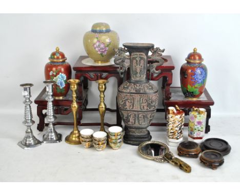 A group of various Oriental items including a large spelter Chinese archaic style vase, height 37.5cm, a pair of cloisonné en